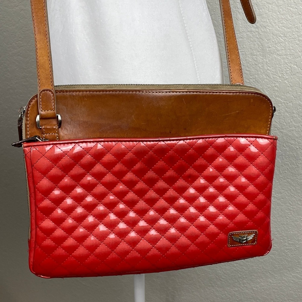 Consuelo Candy Crush Crossbody Purse Bag Quilted‎ Coral Red Tan Leather Retired